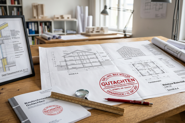 Ein professionelles Architektur-Detail, Baupläne oder ein Stempel Gutachten